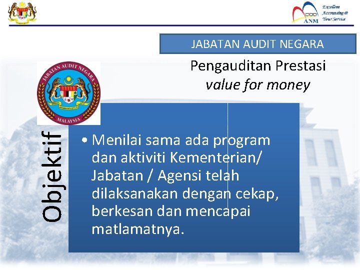 JABATAN AUDIT NEGARA Objektif Pengauditan Prestasi value for money • Menilai sama ada program JABATAN AUDIT NEGARA Objektif Pengauditan Prestasi value for money • Menilai sama ada program