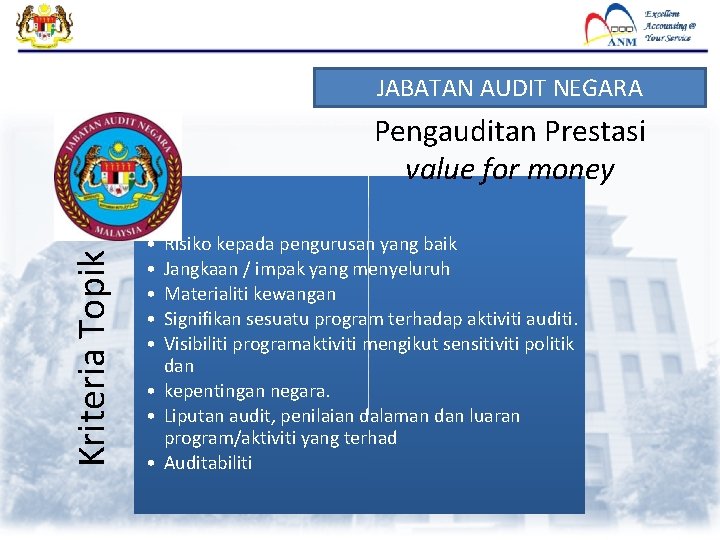 JABATAN AUDIT NEGARA Kriteria Topik Pengauditan Prestasi value for money • • • Risiko JABATAN AUDIT NEGARA Kriteria Topik Pengauditan Prestasi value for money • • • Risiko