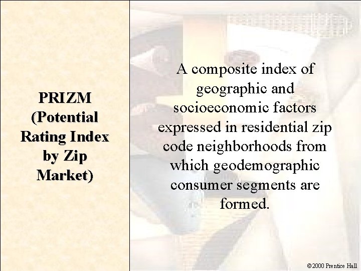 PRIZM (Potential Rating Index by Zip Market) A composite index of geographic and socioeconomic