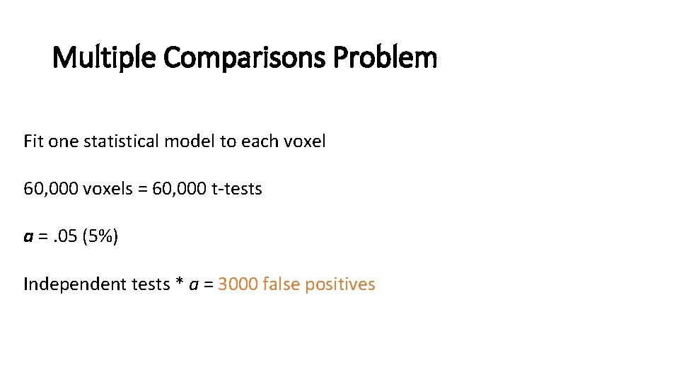 Multiple Comparisons Problem Fit one statistical model to each voxel 60, 000 voxels =