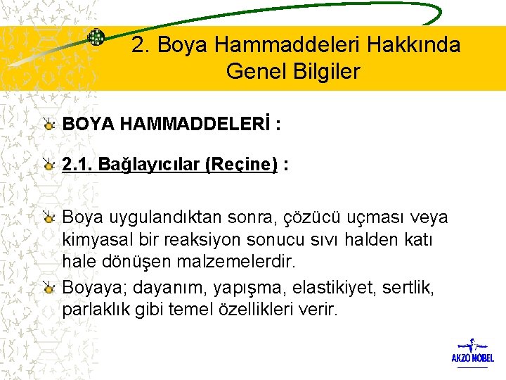  2. Boya Hammaddeleri Hakkında Genel Bilgiler BOYA HAMMADDELERİ : 2. 1. Bağlayıcılar (Reçine)