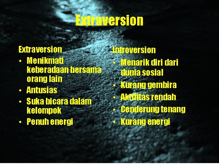 Extraversion • Menikmati keberadaan bersama orang lain • Antusias • Suka bicara dalam kelompok