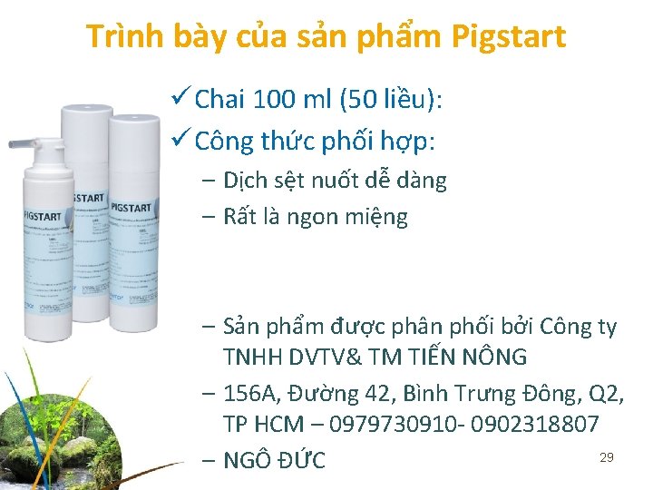 Trình bày của sản phẩm Pigstart ü Chai 100 ml (50 liều): ü Công