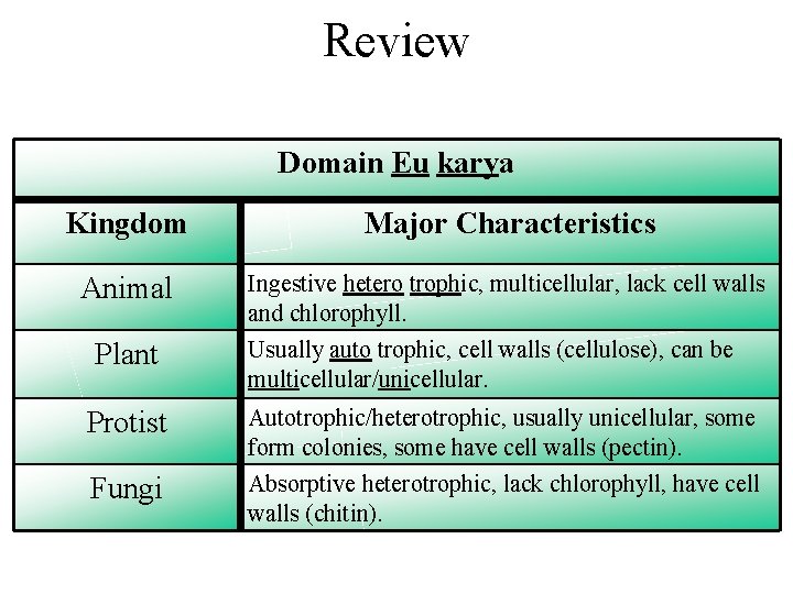 Review Domain Eu karya Kingdom Major Characteristics Animal Ingestive hetero trophic, multicellular, lack cell