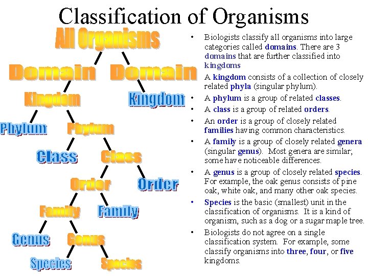 Classification of Organisms • • • Biologists classify all organisms into large categories called