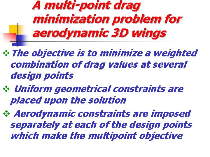 A multi-point drag minimization problem for aerodynamic 3 D wings v. The objective is