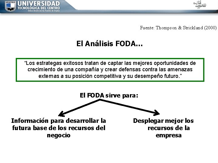 Fuente: Thompson & Strickland (2000) El Análisis FODA… “Los estrategas exitosos tratan de captar