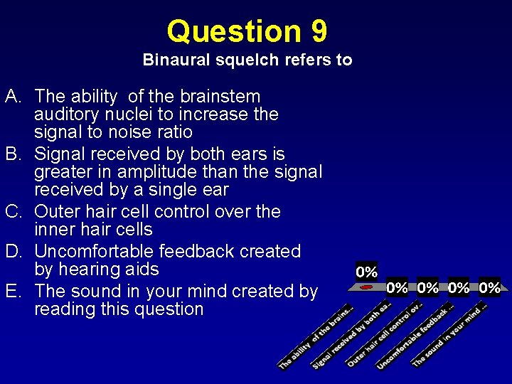 Question 9 Binaural squelch refers to A. The ability of the brainstem auditory nuclei