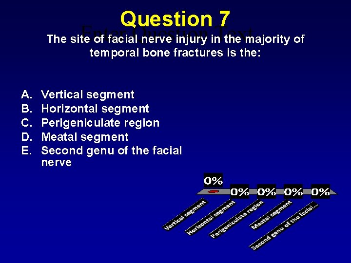 Question 7 Enter Question Text The site of facial nerve injury in the majority