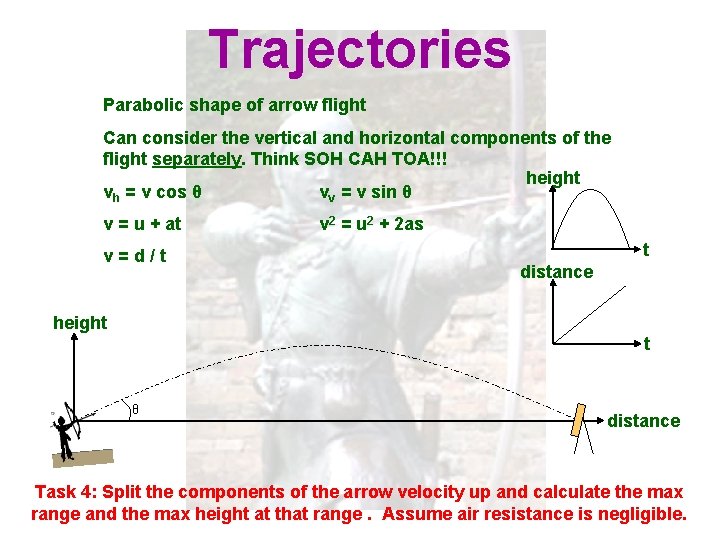 Trajectories Parabolic shape of arrow flight Can consider the vertical and horizontal components of