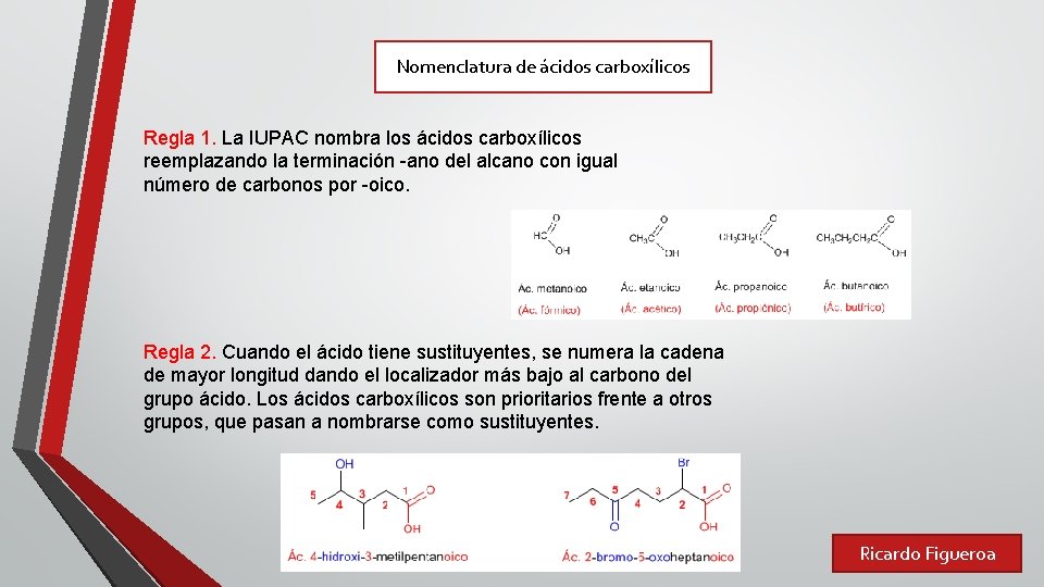 Nomenclatura de ácidos carboxílicos Regla 1. La IUPAC nombra los ácidos carboxílicos reemplazando la