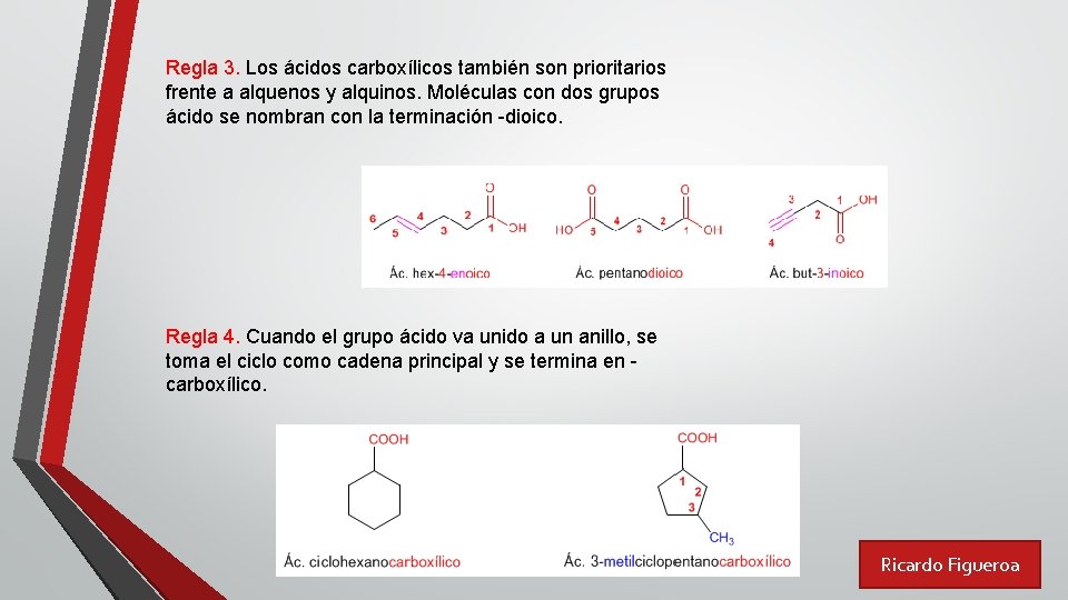 Regla 3. Los ácidos carboxílicos también son prioritarios frente a alquenos y alquinos. Moléculas