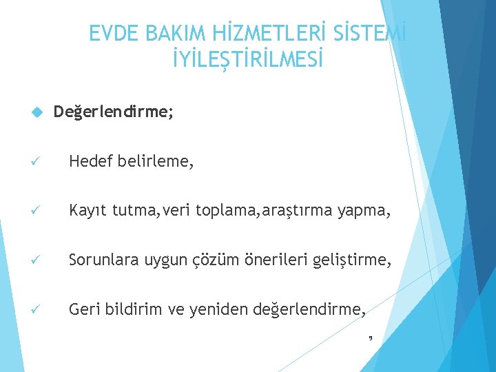 EVDE BAKIM HİZMETLERİ SİSTEMİ İYİLEŞTİRİLMESİ Değerlendirme; ü Hedef belirleme, ü Kayıt tutma, veri toplama,