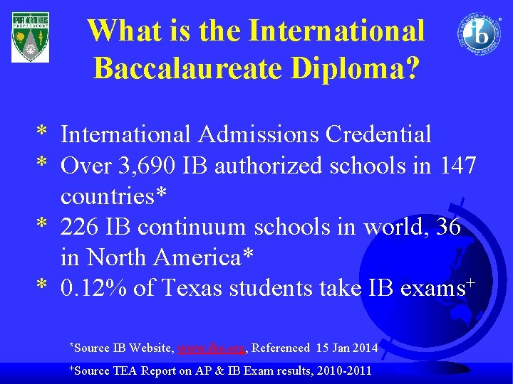 What is the International Baccalaureate Diploma? * International Admissions Credential * Over 3, 690