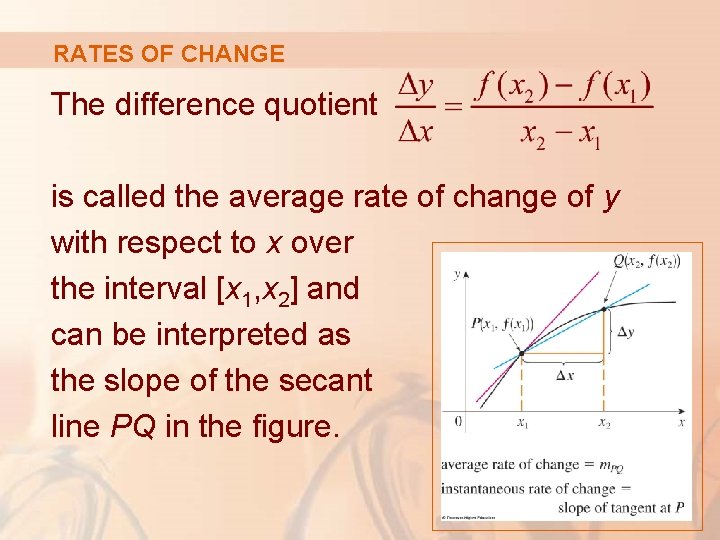 RATES OF CHANGE The difference quotient is called the average rate of change of RATES OF CHANGE The difference quotient is called the average rate of change of