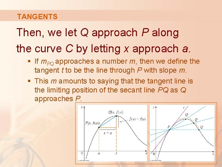 TANGENTS Then, we let Q approach P along the curve C by letting x TANGENTS Then, we let Q approach P along the curve C by letting x