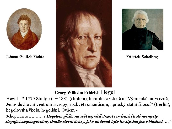 Fridrich Schelling Johann Gottlob Fichte Georg Wilhelm Fridrich Hegel - * 1770 Stuttgart, +