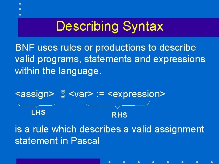 Describing Syntax BNF uses rules or productions to describe valid programs, statements and expressions