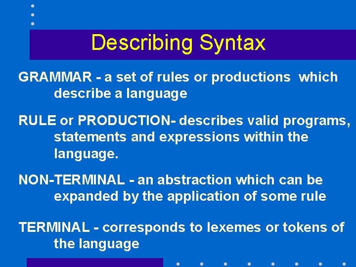 Describing Syntax GRAMMAR - a set of rules or productions which describe a language