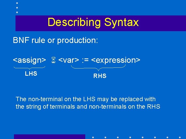 Describing Syntax BNF rule or production: <assign> 6 <var> : = <expression> LHS RHS