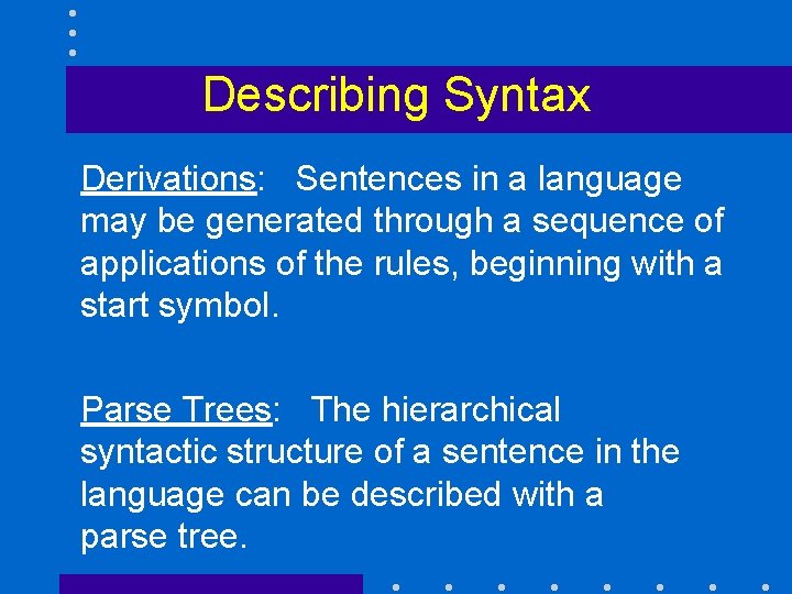 Describing Syntax Derivations: Sentences in a language may be generated through a sequence of