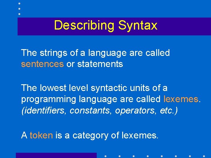 Describing Syntax The strings of a language are called sentences or statements The lowest