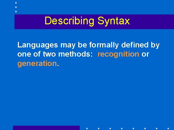 Describing Syntax Languages may be formally defined by one of two methods: recognition or
