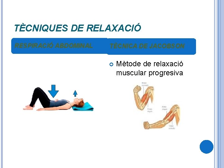 TÈCNIQUES DE RELAXACIÓ RESPIRACIÓ ABDOMINAL TÈCNICA DE JACOBSON Mètode de relaxació muscular progresiva 