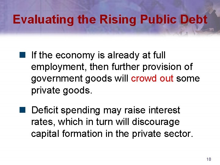 Evaluating the Rising Public Debt n If the economy is already at full employment,