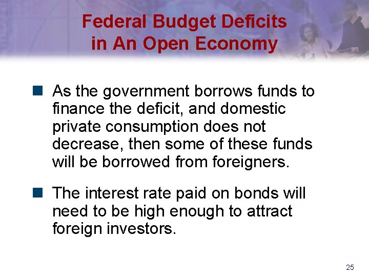 Federal Budget Deficits in An Open Economy n As the government borrows funds to