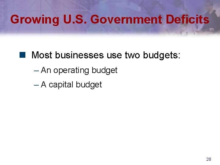 Growing U. S. Government Deficits n Most businesses use two budgets: – An operating