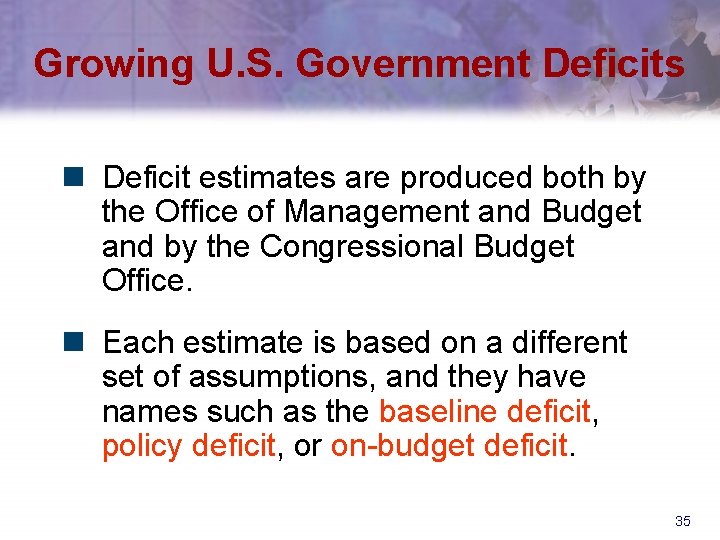 Growing U. S. Government Deficits n Deficit estimates are produced both by the Office