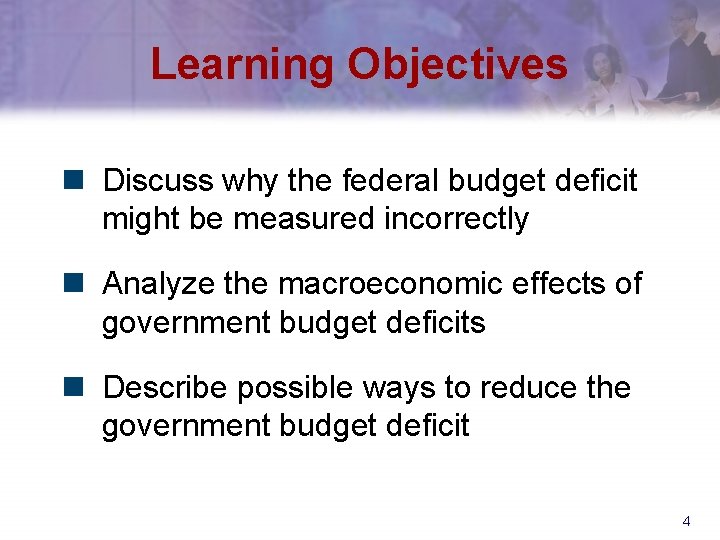 Learning Objectives n Discuss why the federal budget deficit might be measured incorrectly n