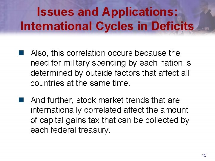 Issues and Applications: International Cycles in Deficits n Also, this correlation occurs because the