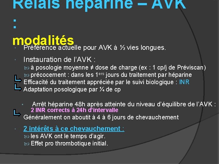 Relais héparine – AVK : modalités Préférence actuelle pour AVK à ½ vies longues.
