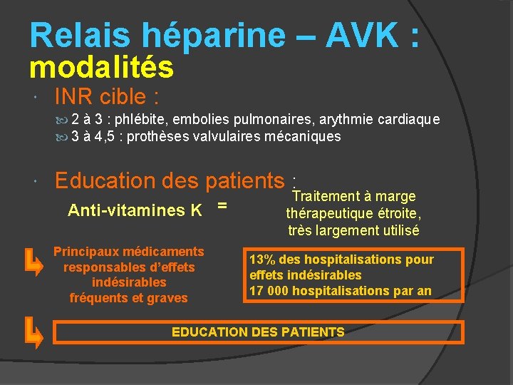 Relais héparine – AVK : modalités INR cible : 2 à 3 : phlébite,