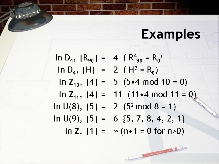 Examples In D 4, |R 90| = In D 4, |H| = In Z