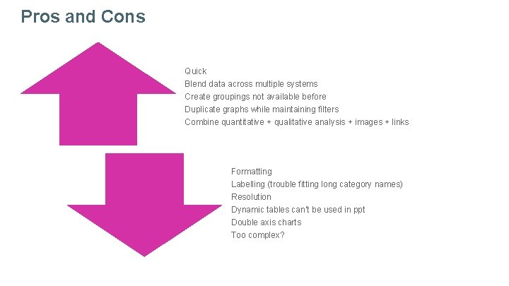 Pros and Cons Quick Blend data across multiple systems Create groupings not available before