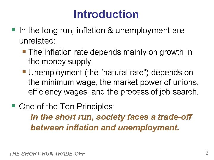 Introduction In the long run, inflation & unemployment are unrelated: The inflation rate depends