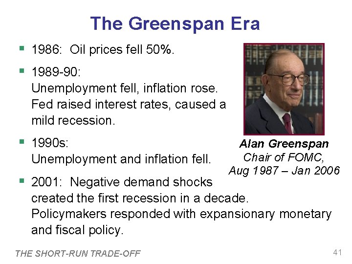 The Greenspan Era 1986: Oil prices fell 50%. 1989 -90: Unemployment fell, inflation rose.