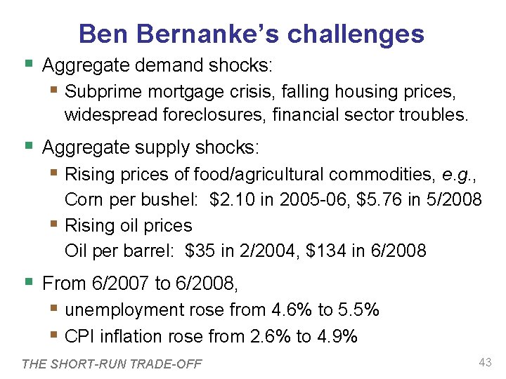 Ben Bernanke’s challenges Aggregate demand shocks: Subprime mortgage crisis, falling housing prices, widespread foreclosures,