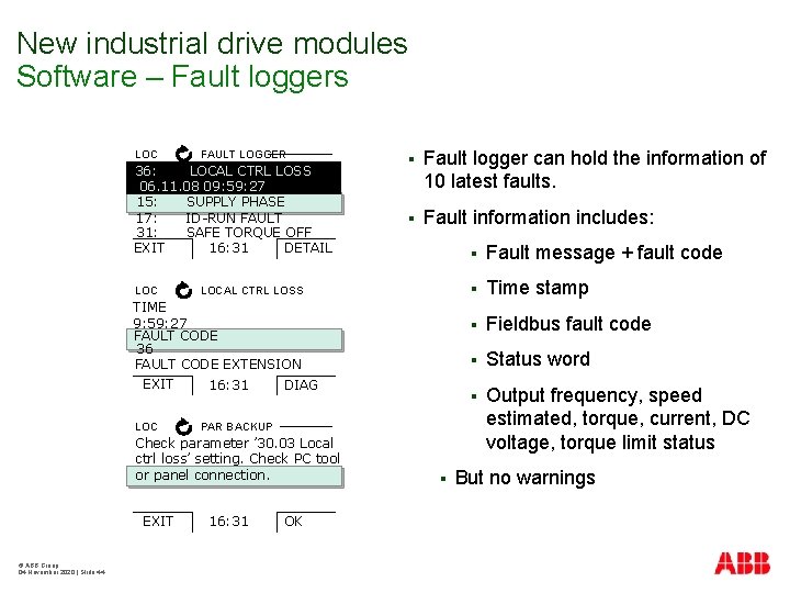 New industrial drive modules Software – Fault loggers LOC FAULT LOGGER 36: LOCAL CTRL