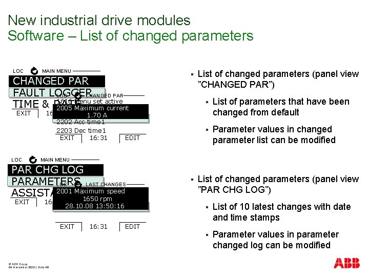 New industrial drive modules Software – List of changed parameters LOC MAIN MENU CHANGED