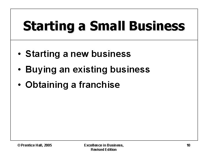 Starting a Small Business • Starting a new business • Buying an existing business