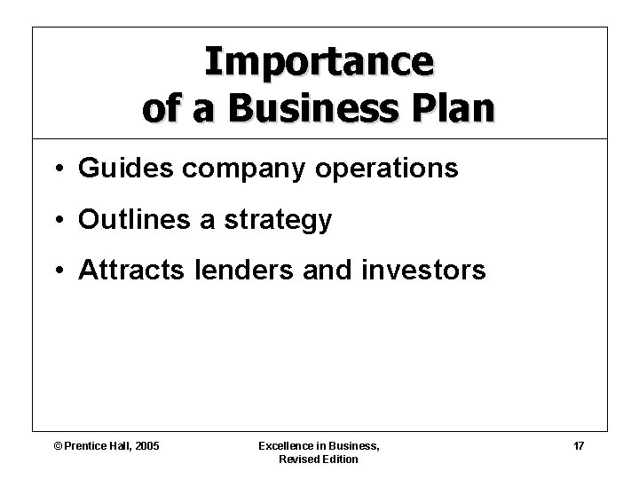 Importance of a Business Plan • Guides company operations • Outlines a strategy •