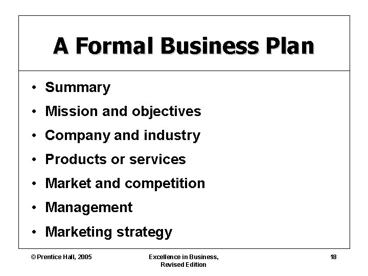 A Formal Business Plan • Summary • Mission and objectives • Company and industry