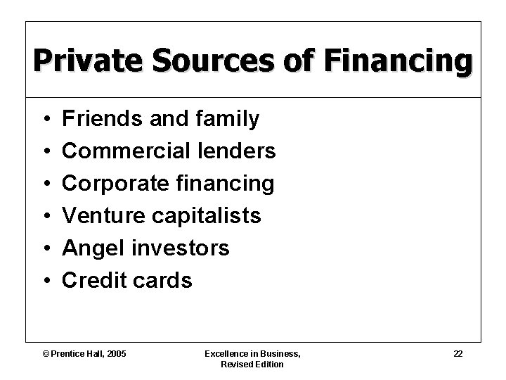 Private Sources of Financing • • • Friends and family Commercial lenders Corporate financing