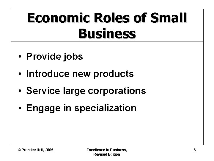 Economic Roles of Small Business • Provide jobs • Introduce new products • Service