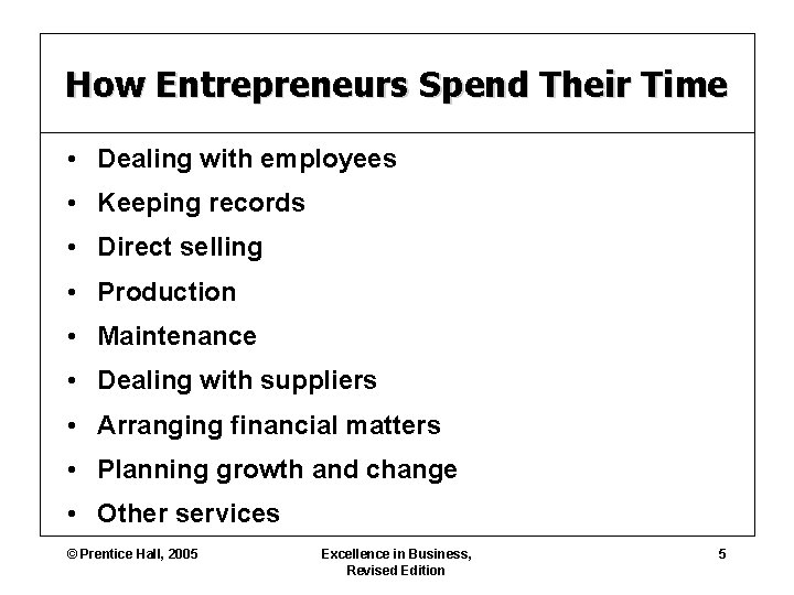 How Entrepreneurs Spend Their Time • Dealing with employees • Keeping records • Direct