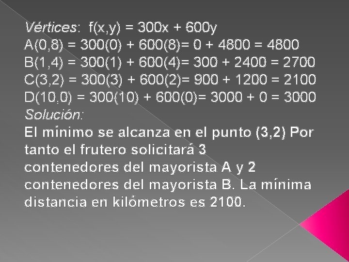 Vértices: f(x, y) = 300 x + 600 y A(0, 8) = 300(0) +